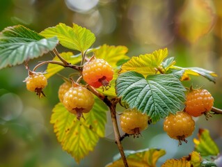 Vibrant yellow raspberries growing on a plant