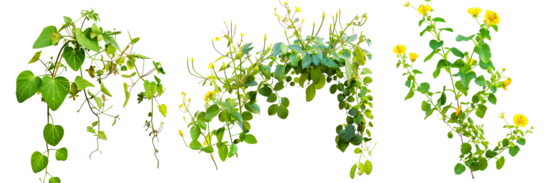 set of creeper plants with small yellow flowers, thriving along riverside areas, isolated on transparent background