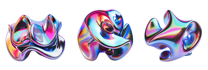 Set of 3d chrome neon fluid form liquid metallic shape, transparent background