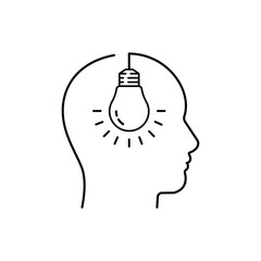 human head with thin line light bulb. concept of brainstorm or thinking emblem and unique idea. linear flat stroke prompt like hanging lightbulb logotype art