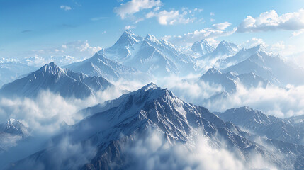 Obraz premium A breathtaking view of towering mountains stretching across the horizon, overlooking a serene valley under the cover of thick clouds