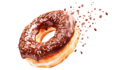 A flying donut with chocolate and sprinkles isolated on a transparent background