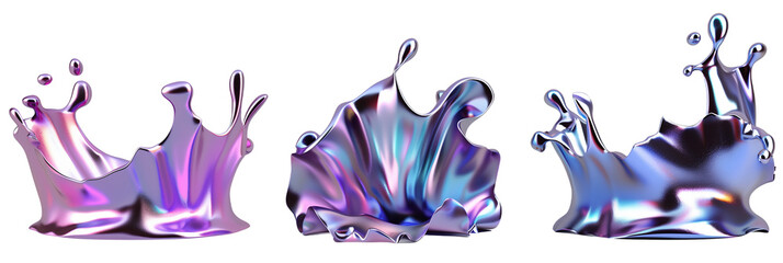 Fototapeta premium Set of splashing 3d chrome neon fluid form liquid metallic shape, transparent background