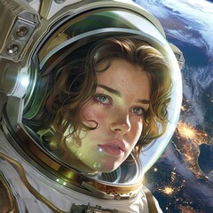 Astronaut with curly hair in space helmet