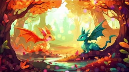 Cartoon dragon. A cute blue and red dragon look at each other in a magical colorful forest