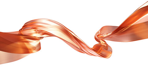 3D twisted copper ribbon, flowing curves shape, isolated on transparent background