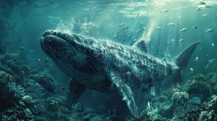 A large, realistic megalodon shark swims over a coral reef.