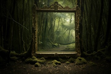 Mystical scene of a lush forest captured within an ornate antique mirror standing amidst the woods