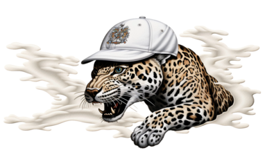 leopard in the snow in a cap