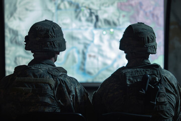 Soldiers reviewing operational maps in military briefing room