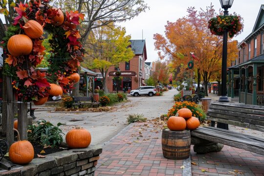 A street lined with numerous pumpkins creating a festive autumn scene, A charming town square decorated with pumpkins and autumn wreaths