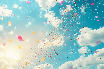 Numerous colorful balloons taking flight in a bright sky, with confetti falling, A cheerful setting with confetti falling from the sky