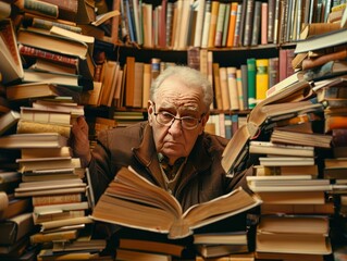 An elderly man is reading a book in a library setting