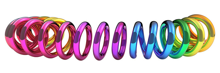 3D metallic rainbow coil shape, iridescent hues, isolated on transparent background