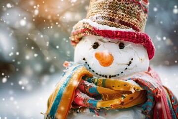 A snowman stands adorned in a hat and scarf, showcasing a festive winter scene, A cheerful snowman wearing a colorful scarf and top hat