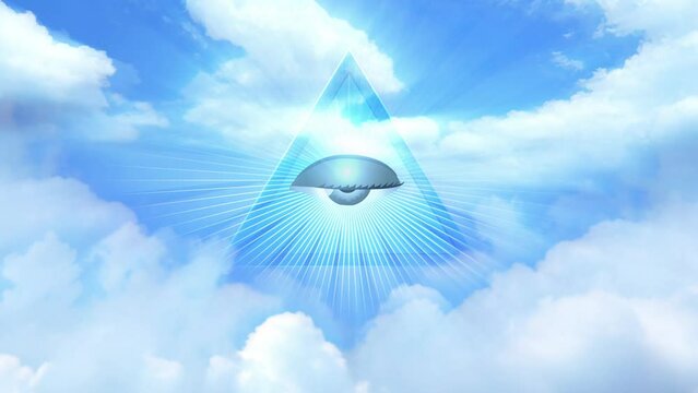 Motion graphics of the Eye of Providence set against a dramatic cloudscape illuminated by sunlight. Symbolizing divine wisdom and enlightenment, mystique, spiritual themed, and mystical symbolism