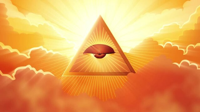 Motion graphics of the Eye of Providence set against a dramatic cloudscape illuminated by sunlight. Symbolizing divine wisdom and enlightenment, mystique, spiritual themed, and mystical symbolism