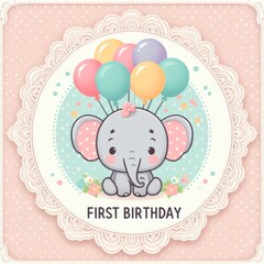 Cute First Birthday Elephant with Balloons Design