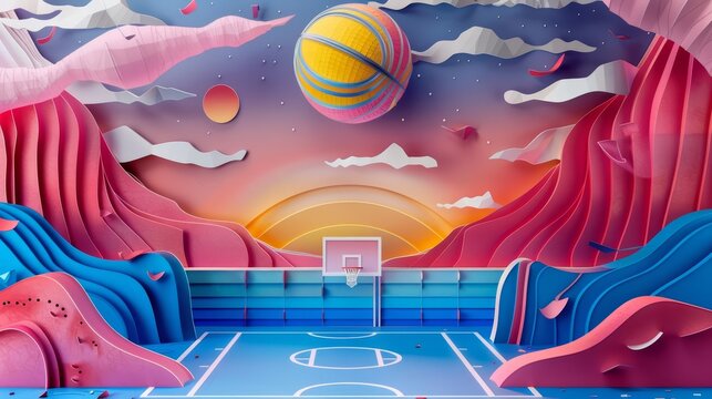 Paper art and craft style of an energetic basketball game, captured in synth wave styles, perfect for sports enthusiasts