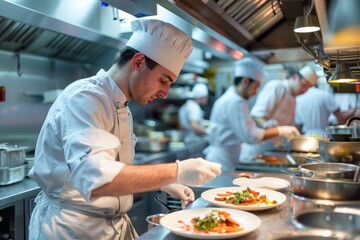 A chef cooks and prepares food in a busy commercial kitchen environment, A chef tasting his latest...