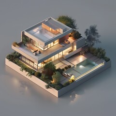 Isometric diorama of a modern house. Contemporary three-dimensional architecture, scale and miniature concept.