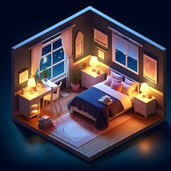 Isometric diorama of a cozy bedroom. 3d perspective, three-dimensional architecture and house concept.
