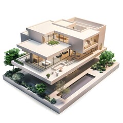 3D Isometric diorama of a modern house. Contemporary three-dimensional architecture, scale and miniature concept.