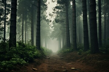 Serene, foggy path winds through a dense forest of towering pine trees