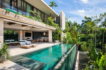 Fototapeta premium A contemporary house featuring a swimming pool in the front yard, A chic, contemporary residence with a private infinity pool and lush landscaped gardens