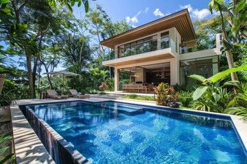 A modern house with a spacious swimming pool in the foreground, under a clear sky on a sunny day, A chic, contemporary residence with a private infinity pool and lush landscaped gardens