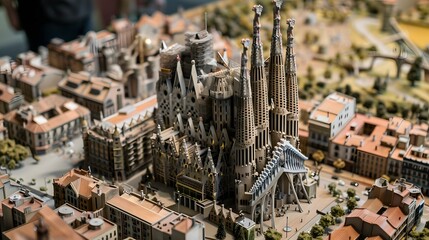Isometric view of Gaudi Sagrada Familia Basilica, Barcelona, Spain. Three-dimensional perspective,  architecture and concept.