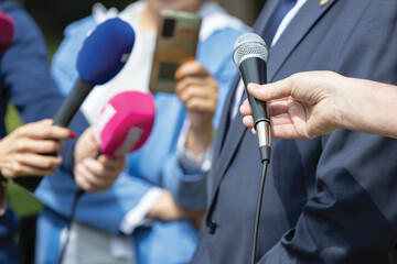 Press conference, news conference or media event. Public relations - PR.