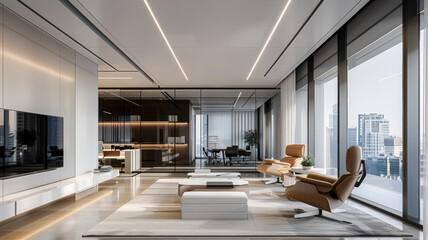 Office space design, modern minimalist style. Plenty of space and requires a high-end feel and wide viewing angles. Large areas of the ceiling and walls are white