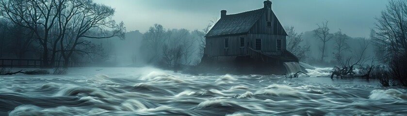 A photo of a wooden house in the middle of a raging river. - obrazy, fototapety, plakaty