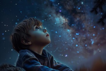 A young boy gazes up at the stars in the night sky, filled with wonder and curiosity, A child dreaming while gazing up at the stars
