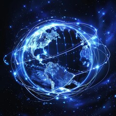 Fototapeta premium Solid HUD icon of a spinning globe, representing global connectivity and geography with a very blurry backdrop of a starry sky