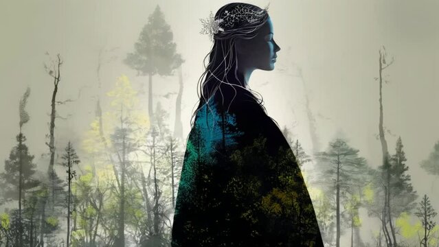 Female silhouette in a medieval dress against the background of a spring forest. Symbol of the soul of nature. Environment protection concept.