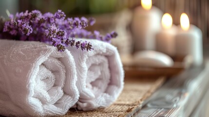 Lavender sprigs laid over plush white towels, evoking a sense of calm and relaxation appropriate for a spa setting