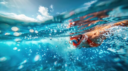 Dynamic underwater shot of a swimmer in motion with vibrant colors and bubbles emphasizing movement and athleticism - Powered by Adobe