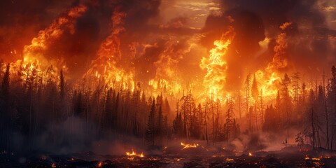 A raging forest fire burns through the trees, consuming everything in its path.