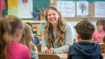 A smiling young teacher interacts with attentive children in a cheerful classroom environment