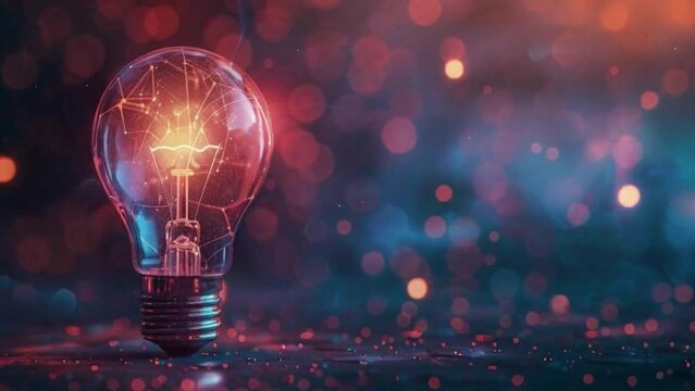 A glowing light bulb is lit up on a dark background 4K motion