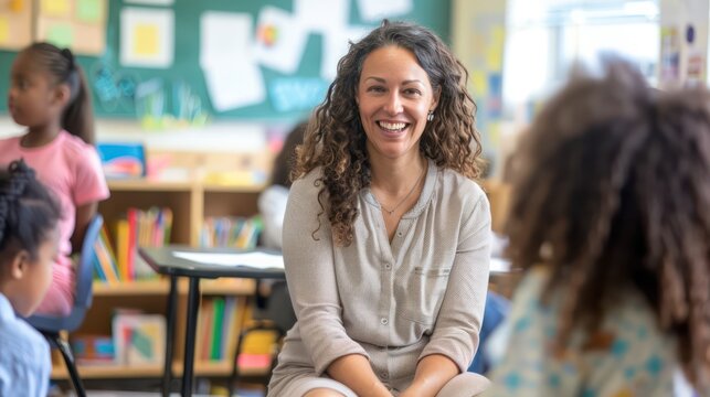 A friendly smiling teacher sits cross-legged while interacting with elementary students in class