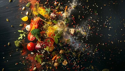 Witness a burst of flavors with the gourmet selections turning into an explosion scattering flavors across a dark canvas