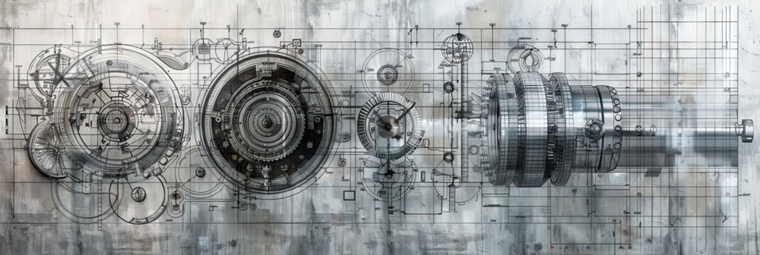 Mechanical Engineer's Wall: Covered in mechanical drawings, CAD designs, and schematics of machinery