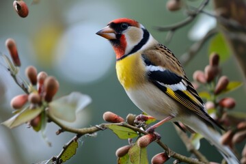Wild Goldfinch perched on a branch, goldfinch bird, Carduelis carduelis, perched eating seeds  during Winter season, Ai generated
