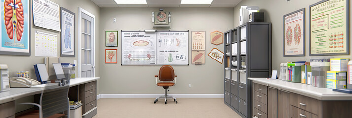 Speech Therapist's Office Wall: Displaying speech therapy charts, diagrams of the vocal tract, and a whiteboard with speech exercises