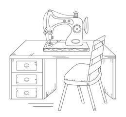 Coloring Page, Sewing Machine, Book On Table, Adult And Children'S Coloring Book