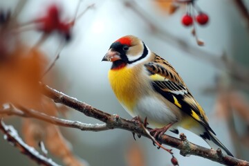 Wild Goldfinch perched on a branch, goldfinch bird, Carduelis carduelis, perched eating seeds  during Winter season, Ai generated