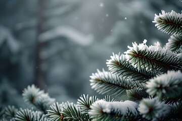 An abstract winter backdrop featuring snow-covered fir tree branches, with ample space for copy